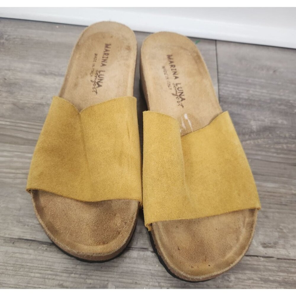 Marina Luna Women's Sz. 7 Golden Yellow Suede Light Wedge Sandals - Picture 2 of 9
